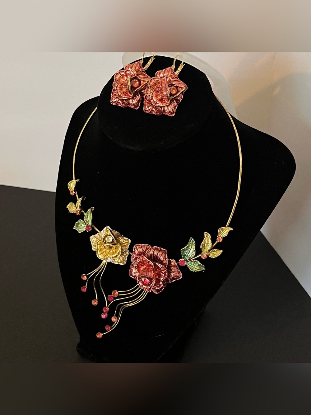 Vintage Floral Pink & Gold Statement Necklace & Earring Set
